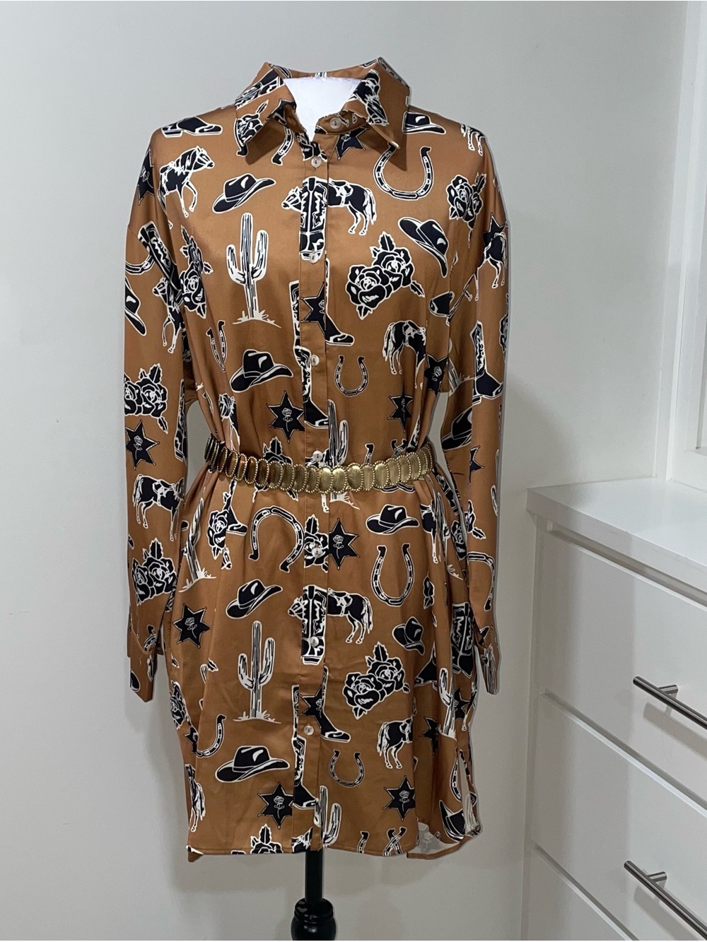 Western Shirt Dress Camel Toffee Brown Country Horse Rodeo Horseshoe Cowgirl - Picture 14 of 14